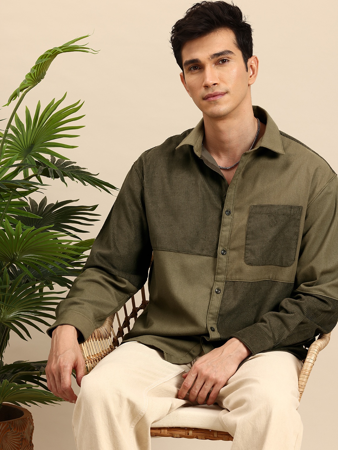 

Mast & Harbour Corduroy Relaxed Fit Pure Cotton Casual Shirt, Olive