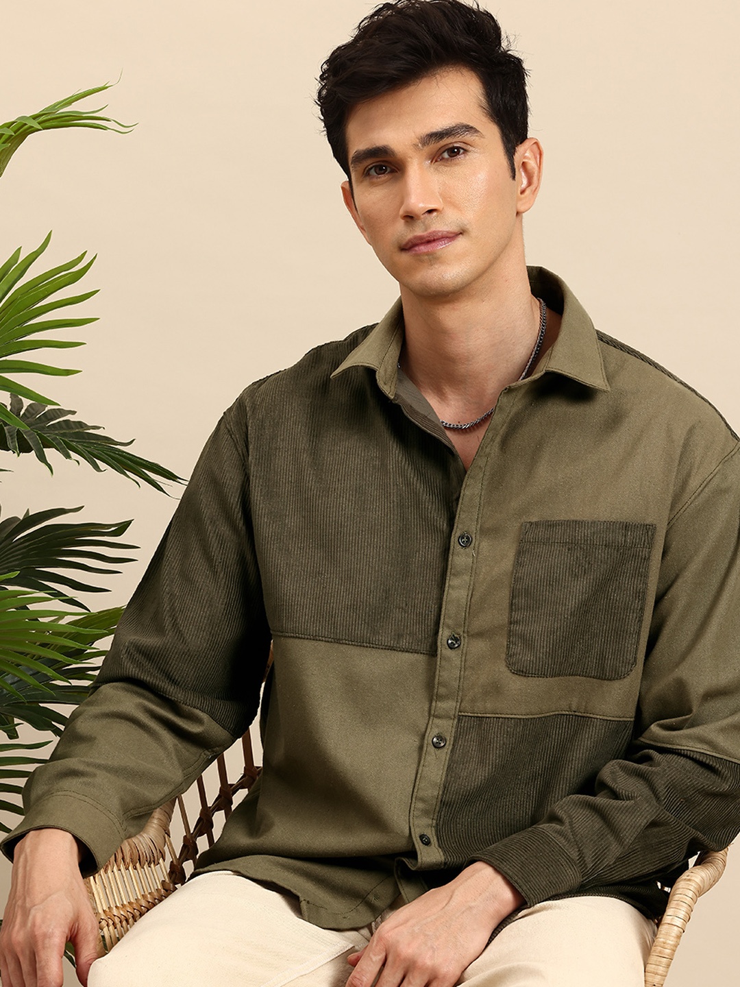 

Mast & Harbour Corduroy Relaxed Fit Pure Cotton Colourblock Casual Shirt, Olive