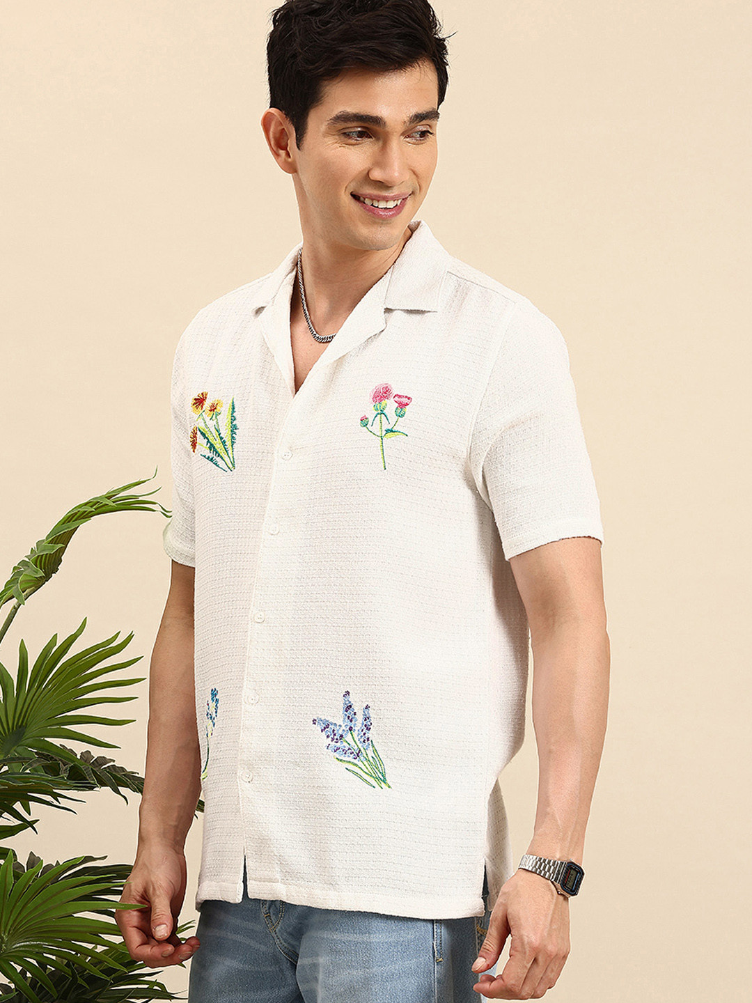 

Mast & Harbour Floral Embroidered Pure Cotton Casual Shirt, White