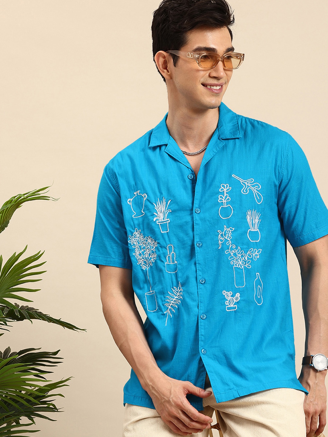 

Mast & Harbour Floral Embroidered Pure Cotton Casual Shirt, Blue