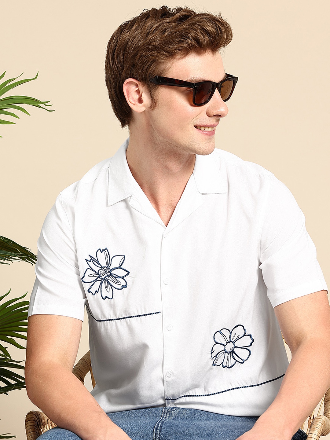 

Mast & Harbour Floral Embroidered Casual Shirt, White