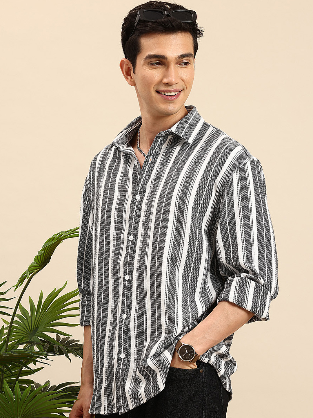 

Mast & Harbour Striped Drop-Shoulder Sleeves Relaxed Fit Knitted Casual Shirt, Black