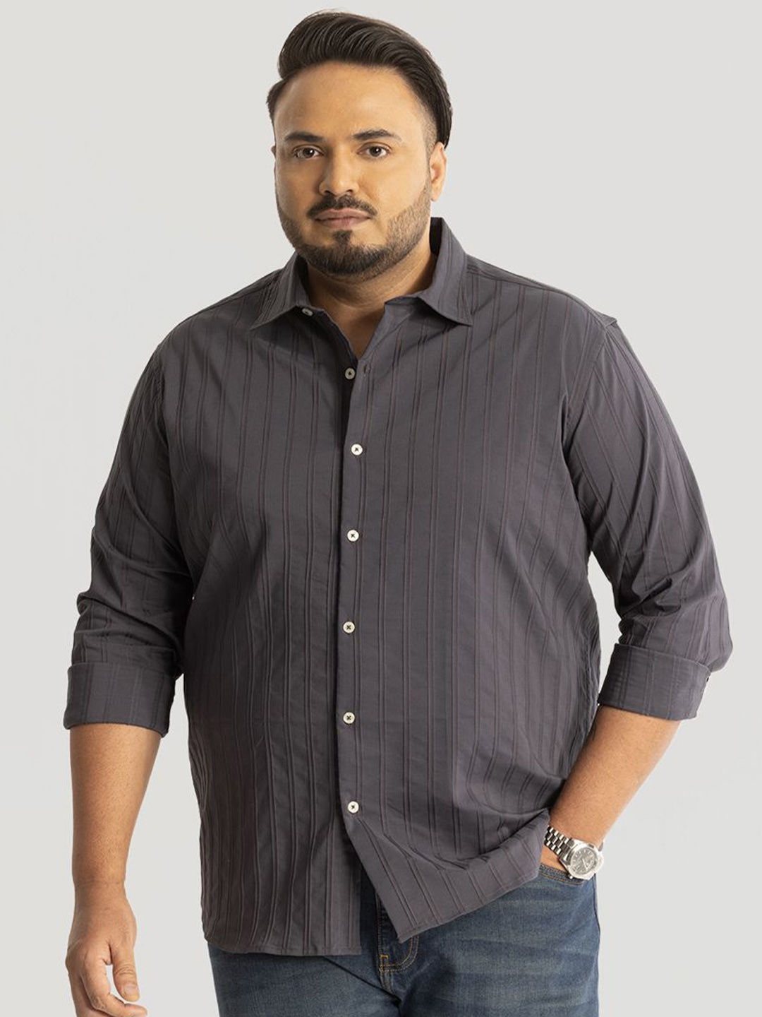Snitch Men Plus Size Classic Spread Collar Striped Cotton Casual Shirt, Charcoal
