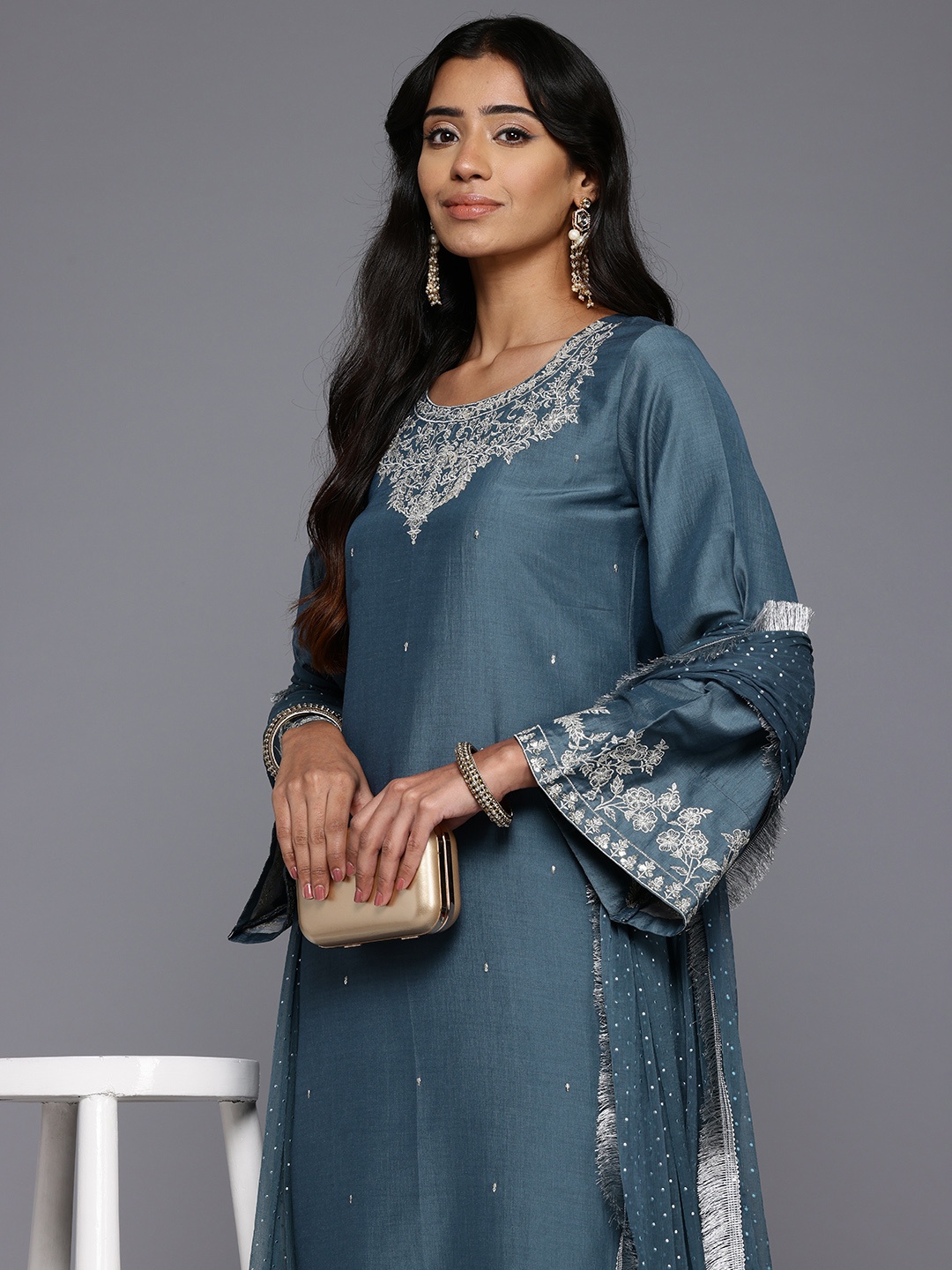 

Varanga Floral Embroidered Kurta With Trousers & Dupatta, Grey