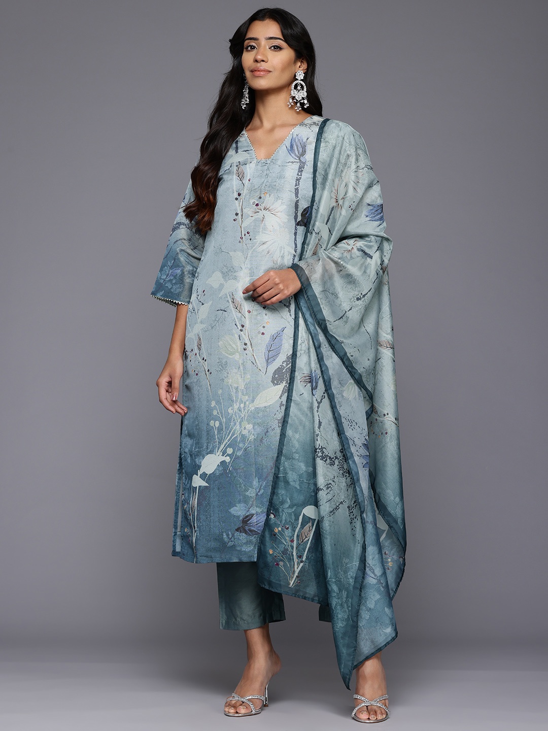 

Varanga Floral Printed Regular Gotta Patti Kurta With Trousers & Dupatta, Grey