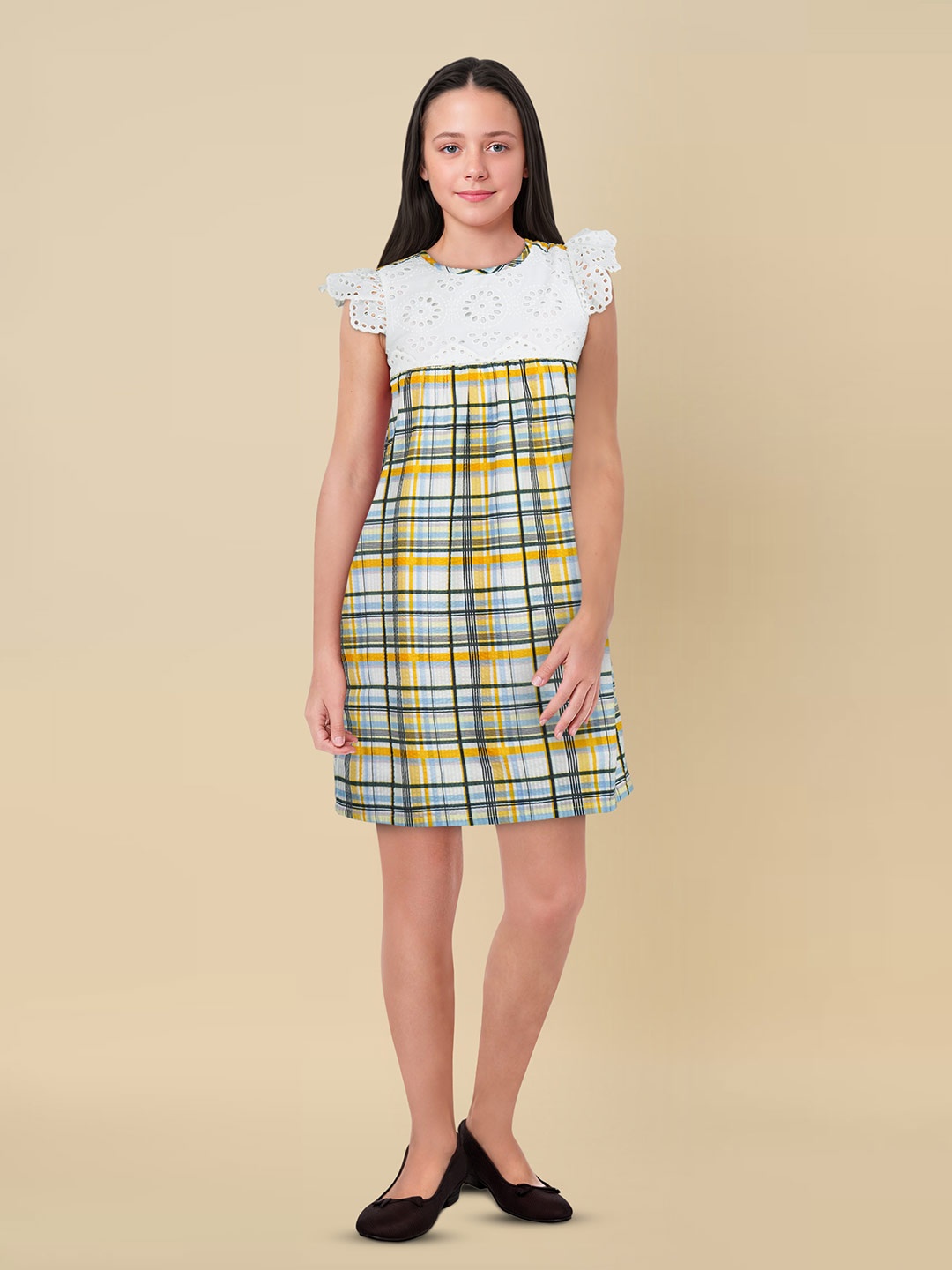 

Allen Solly Junior Pure Cotton Seersucker & Schiffli Checked Flutter Sleeve Empire Dress, Multi