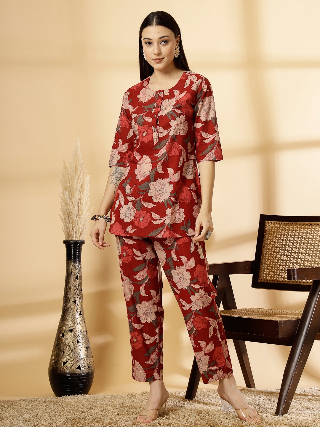 

Pistaa Floral Printed Cotton Top With Trousers, Maroon