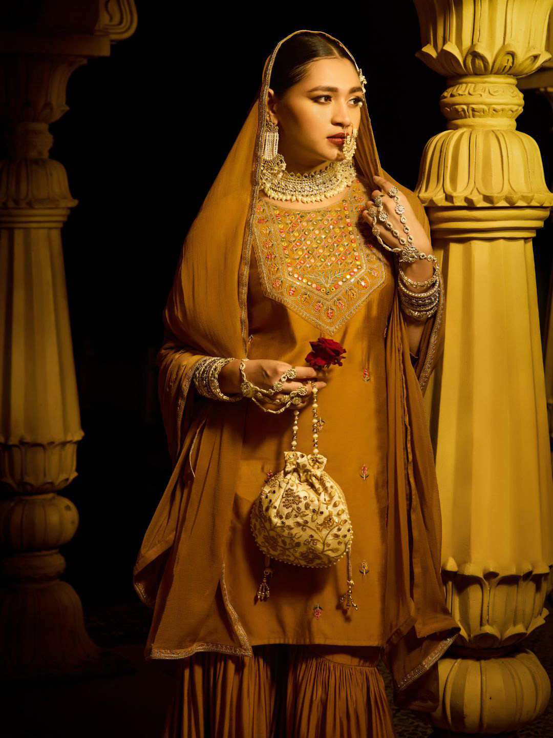 

Globus Floral Embroidered Sequinned Straight Kurta with Sharara & Dupatta, Mustard