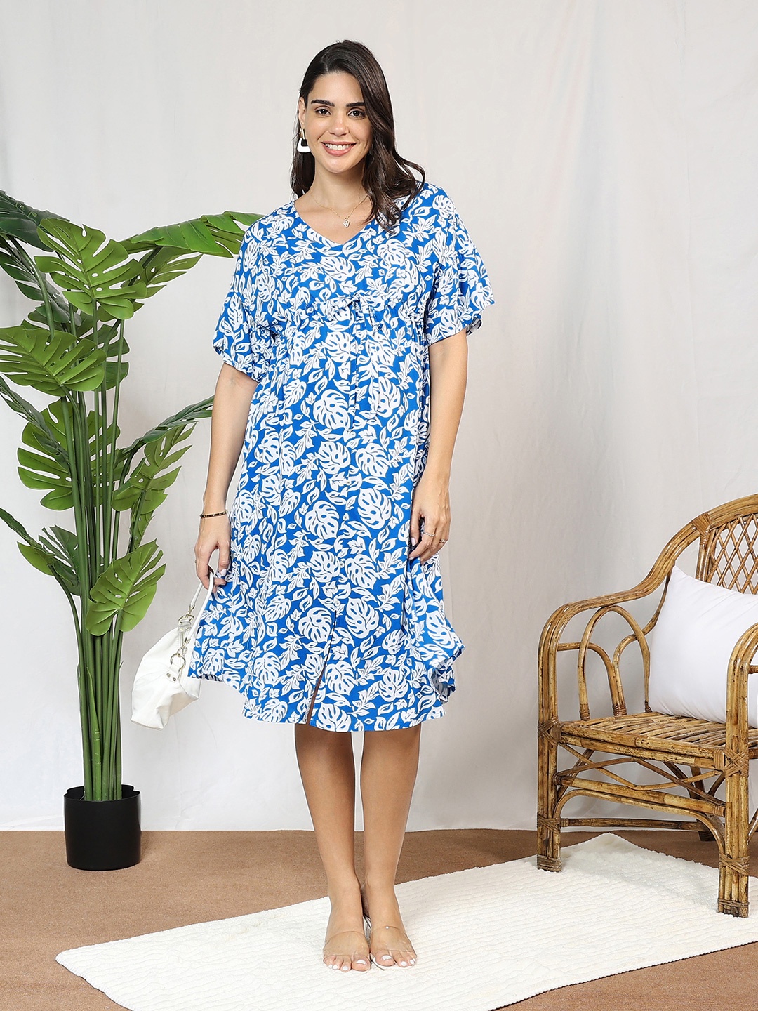 

MomToBe Floral Printed Maternity Empire Midi Dress, Blue