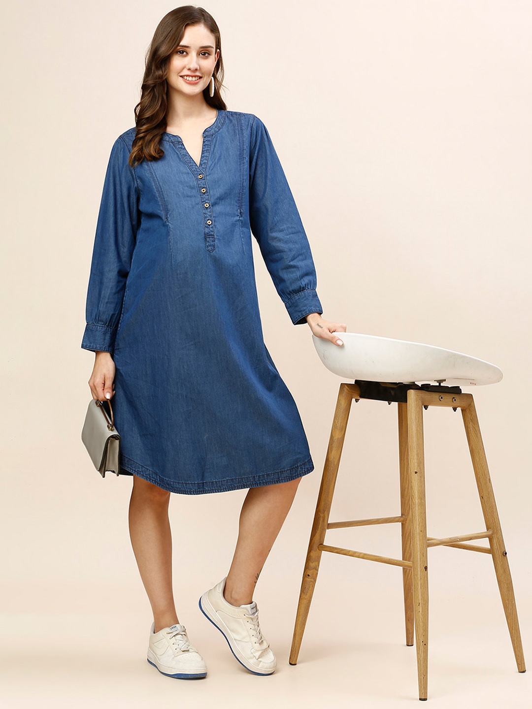 

MomtoBe Cuffed Sleeve the Work Maternity Denim Dress, Blue