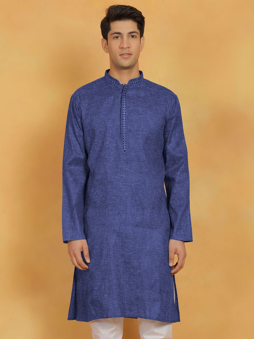 

VASTRAMAY Mandarin Collar Cotton Straight Kurta, Navy blue