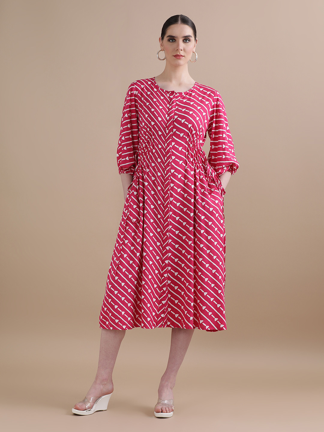 

BLACK & BLAH BLAH Relaxed Fit Stripes Printed Flared and Tie-up Liva Midi Dress, Pink