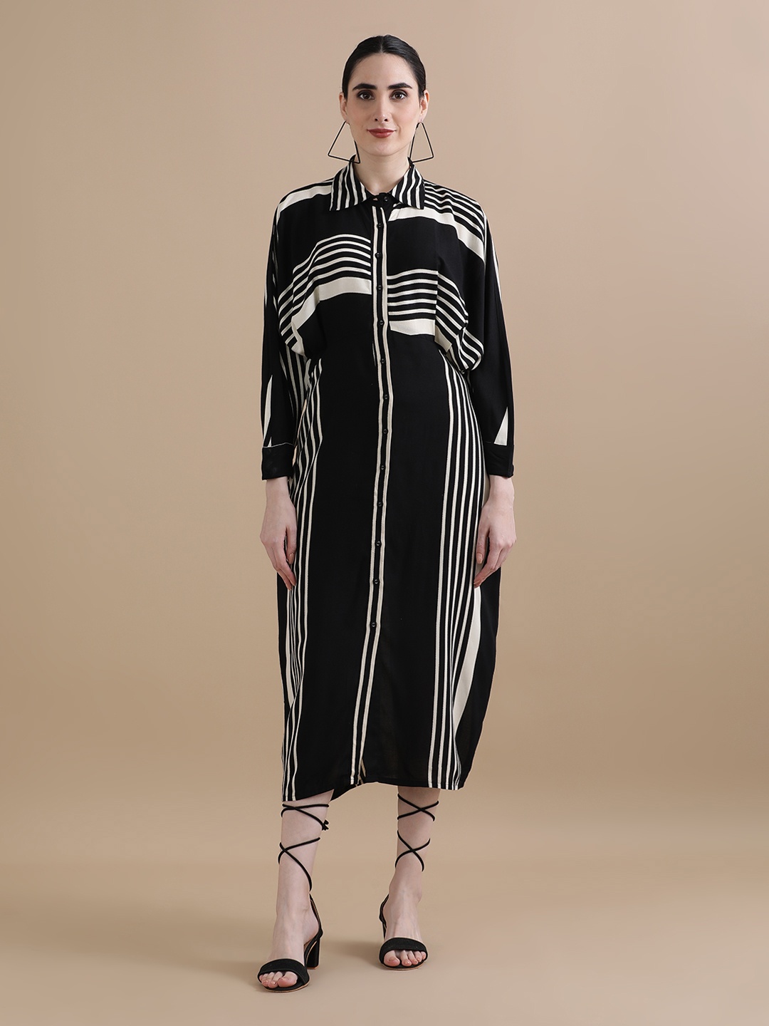 

BLACK & BLAH BLAH Relaxed Fit Stripes Printed Front Slit Liva Monochrome Midi Dress