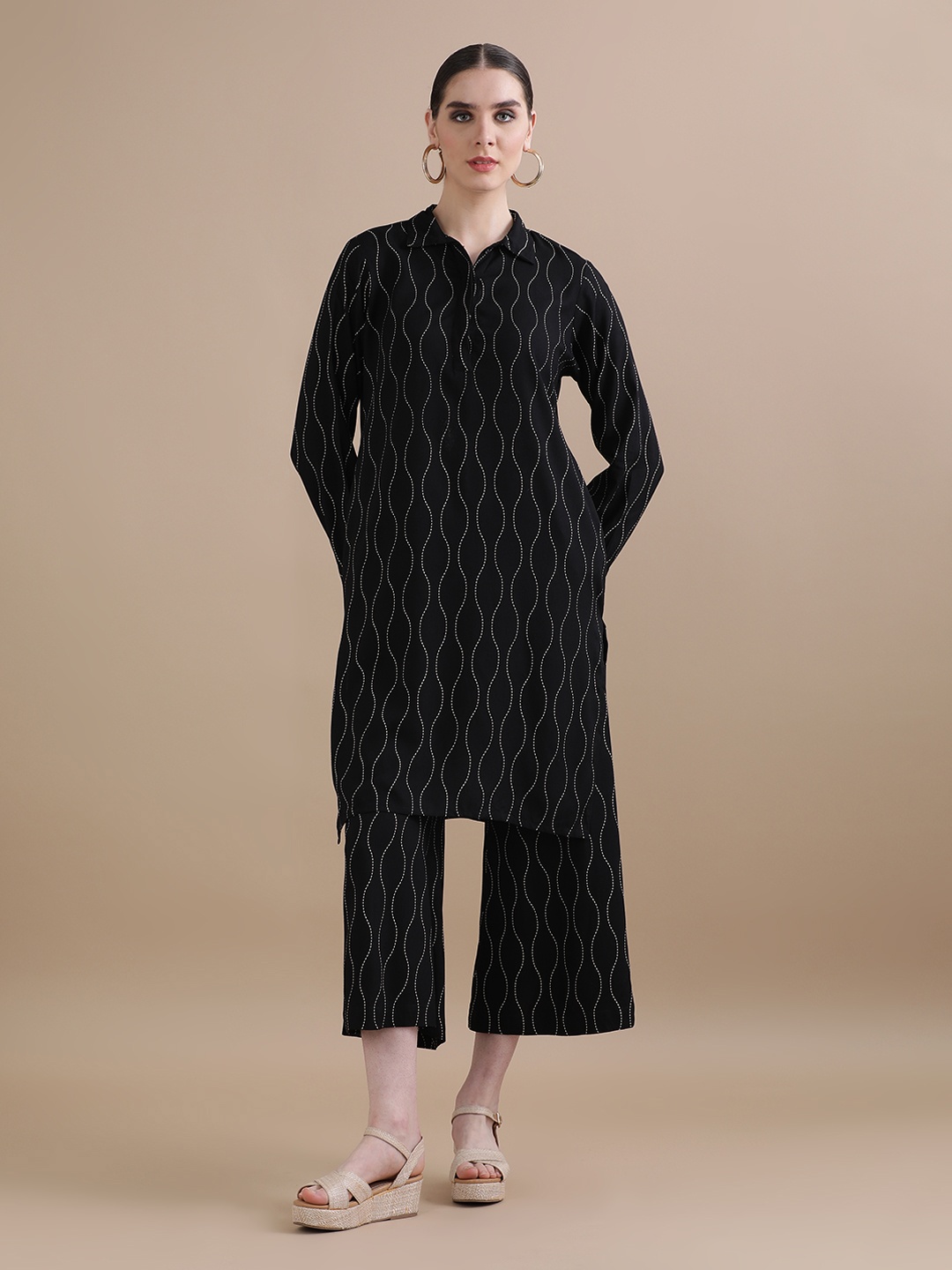 

BLACK & BLAH BLAH Relaxed Fit Kantha Printed A-Line Liva Monochrome Kurta and Trouser