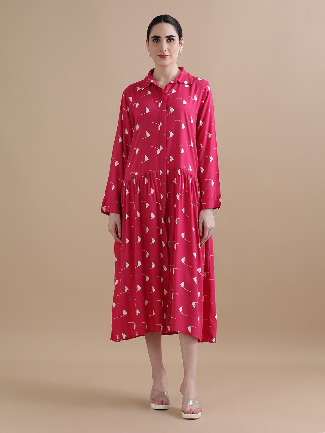 

BLACK & BLAH BLAH Relaxed Fit Trendy Printed Front Slit Liva Midi Dress, Pink
