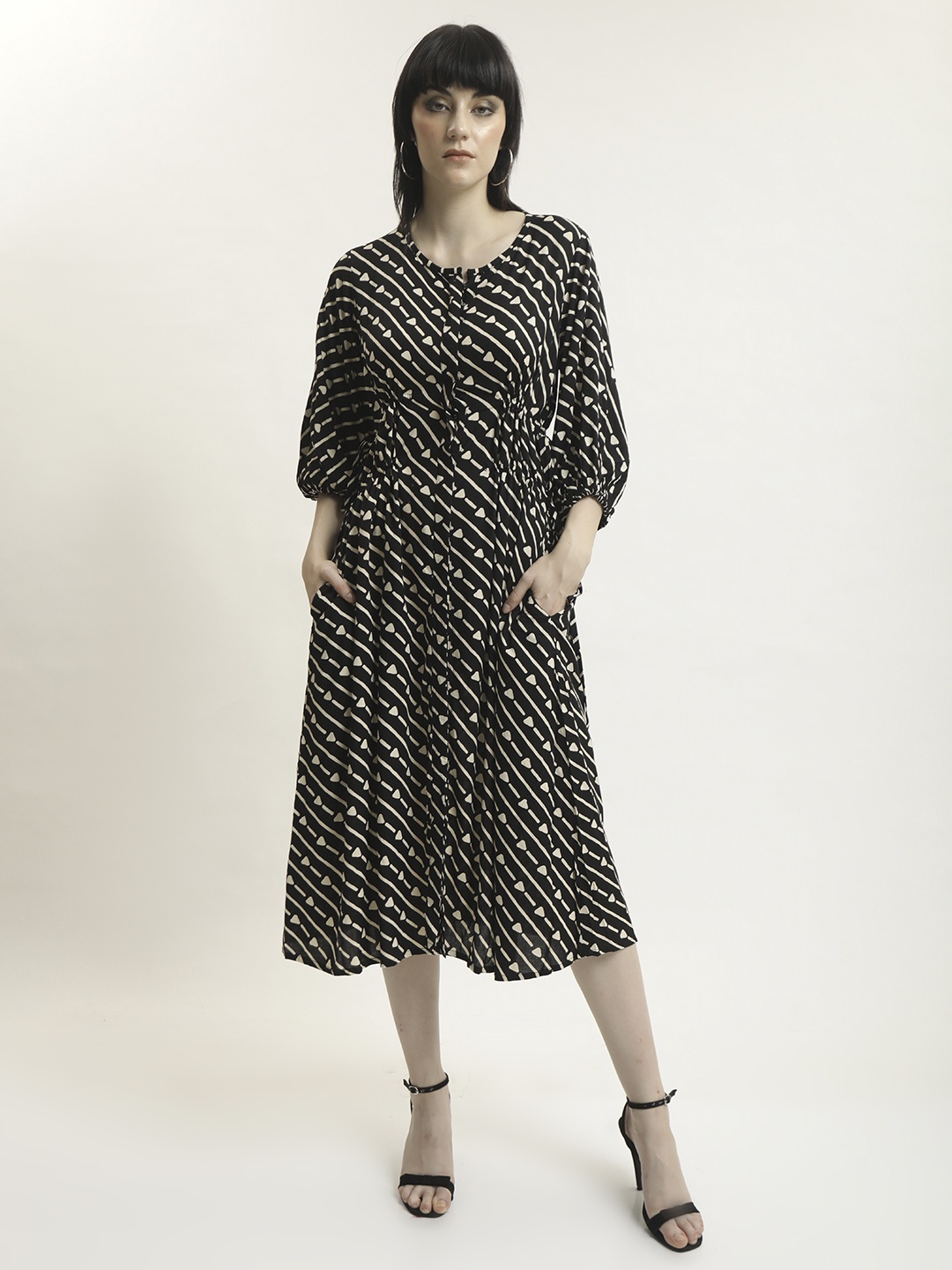 

BLACK & BLAH BLAH Relaxed Fit Stripes Printed Flared and Tie-up Liva Monochrome Midi Dress