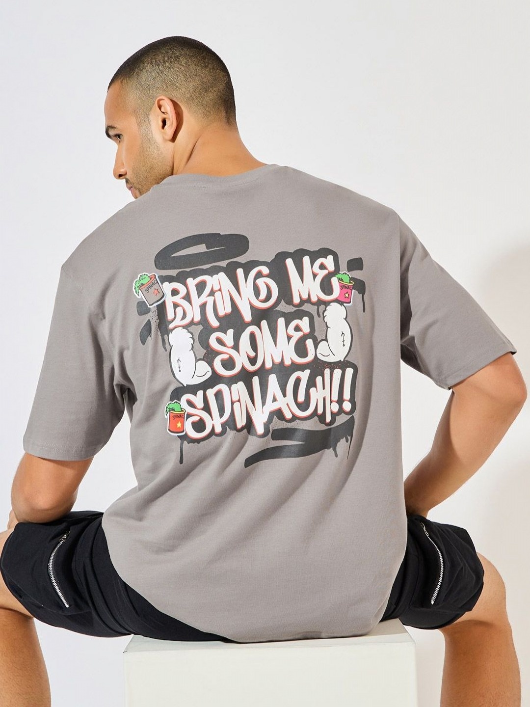 

Men Popeye Character Front and Back Print Oversized T-Shirt, Grey