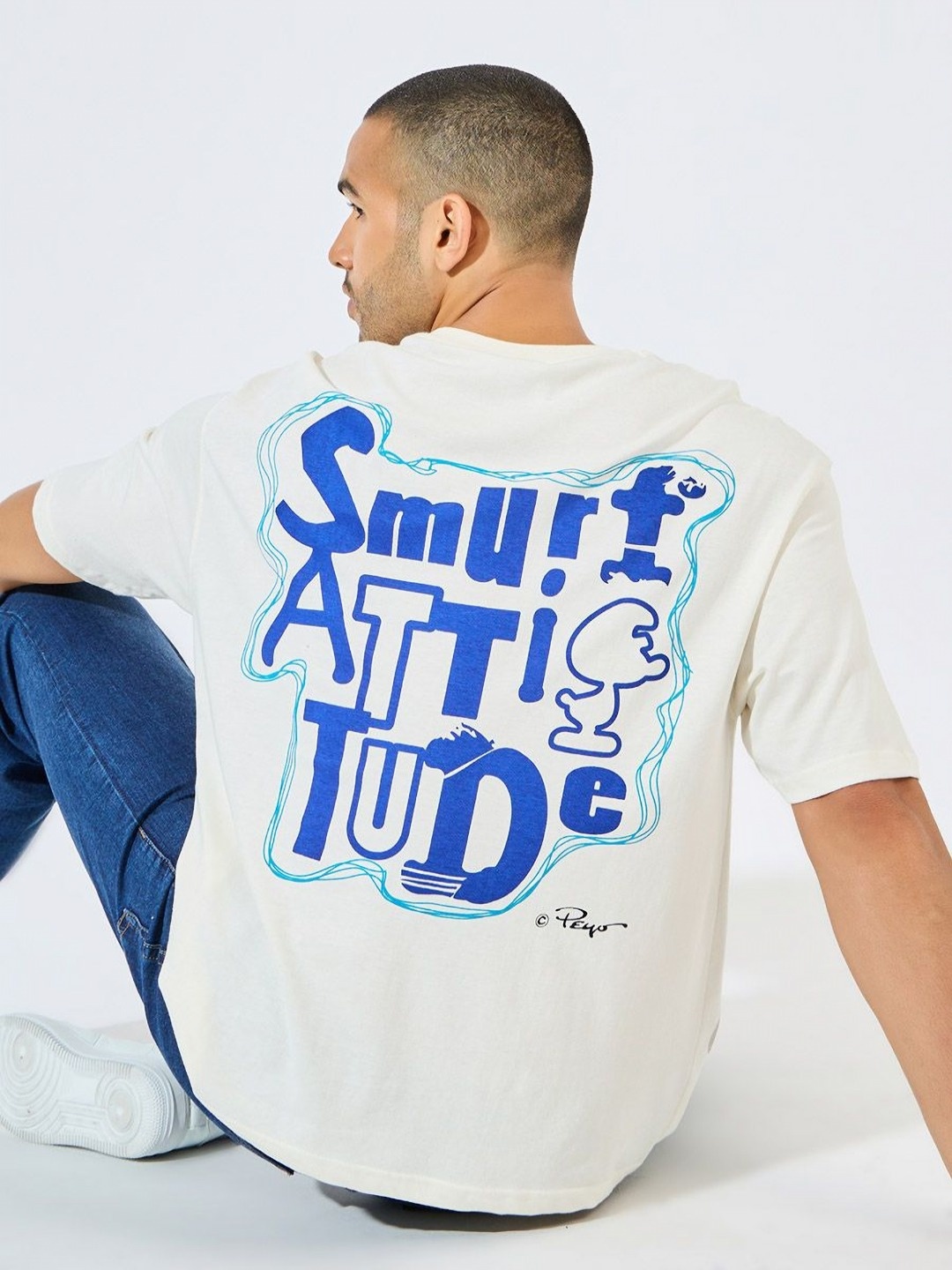 

Styli Men Smurfs Character Front and Back Print Oversized T-Shirt, Cream