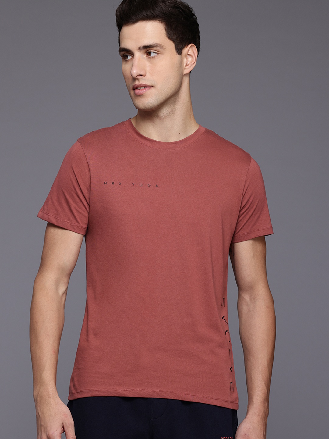

HRX by Hrithik Roshan Placement Typography Printed Pure Cotton Yoga T-shirt, Rust