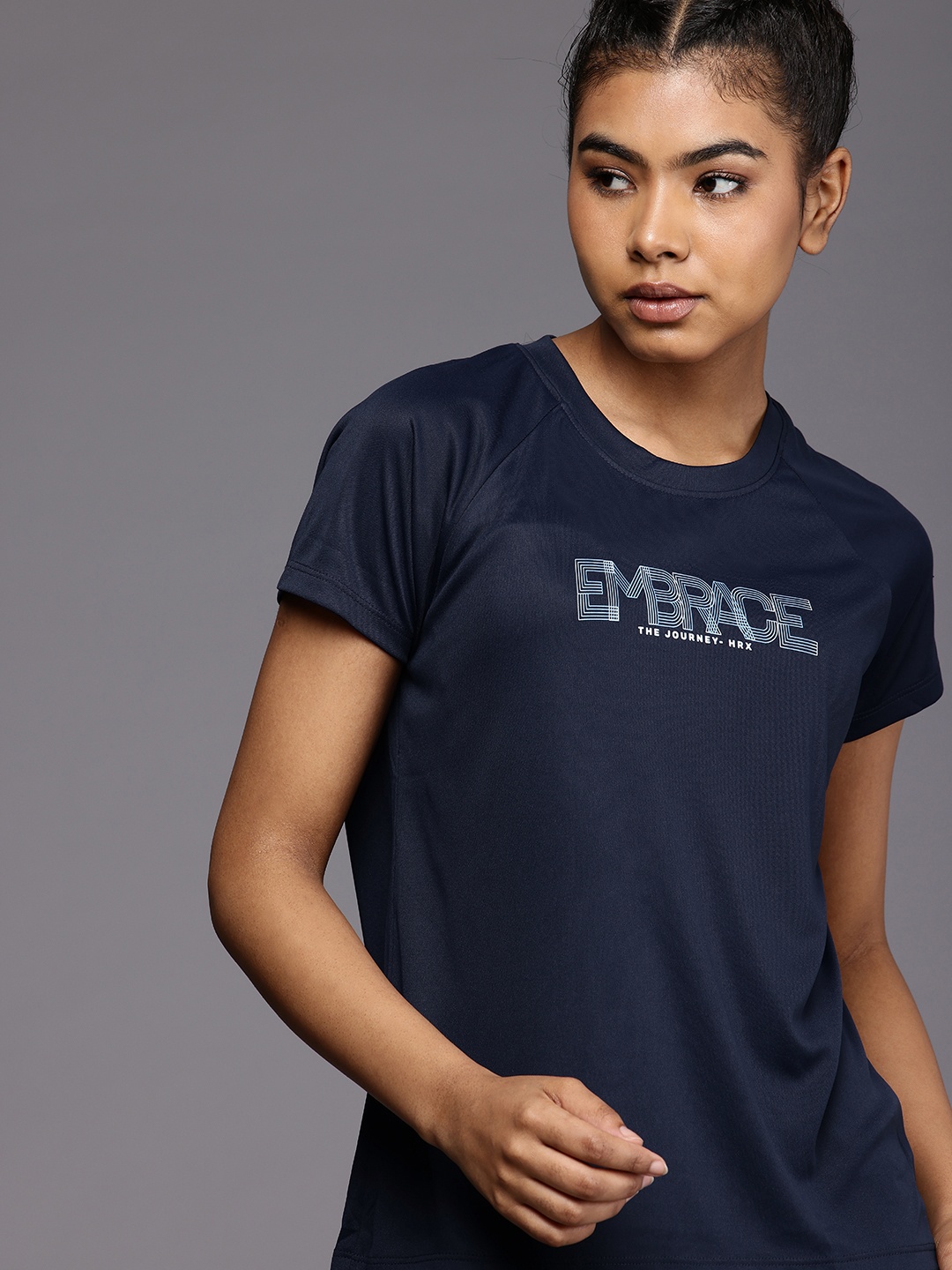 

HRX by Hrithik Roshan Typography Printed Raglan Sleeves Rapid-Dry Training T-shirt, Navy blue