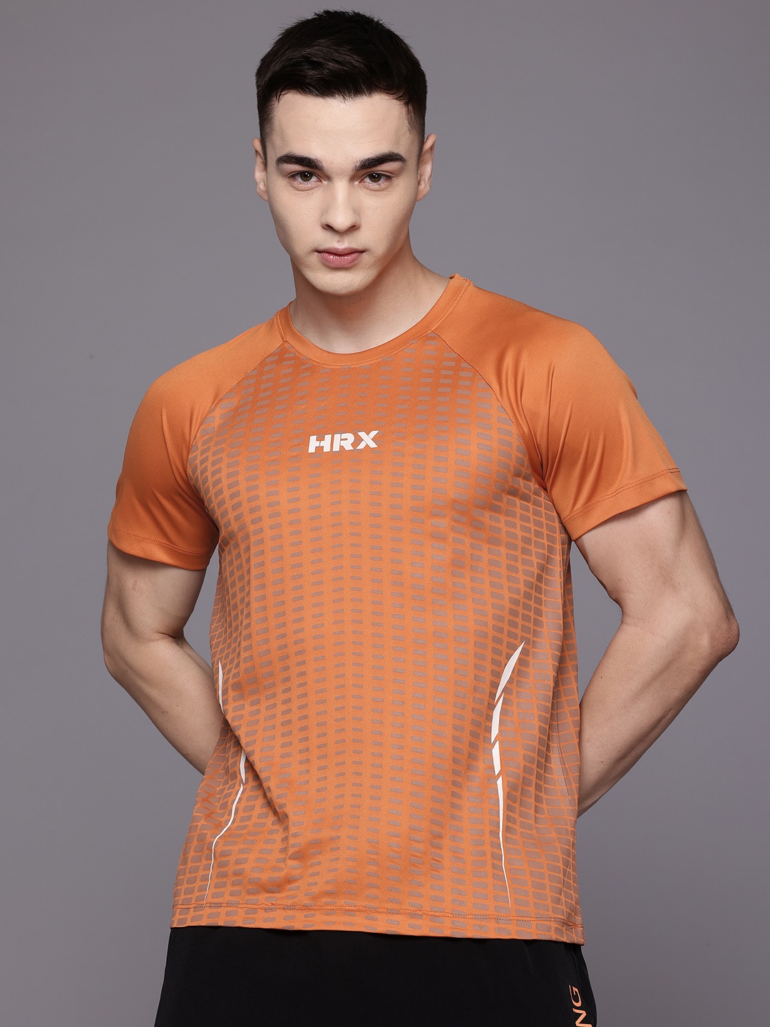 

HRX by Hrithik Roshan Geometric & Brand Logo Printed Rapid-Dry Training T-shirt, Orange