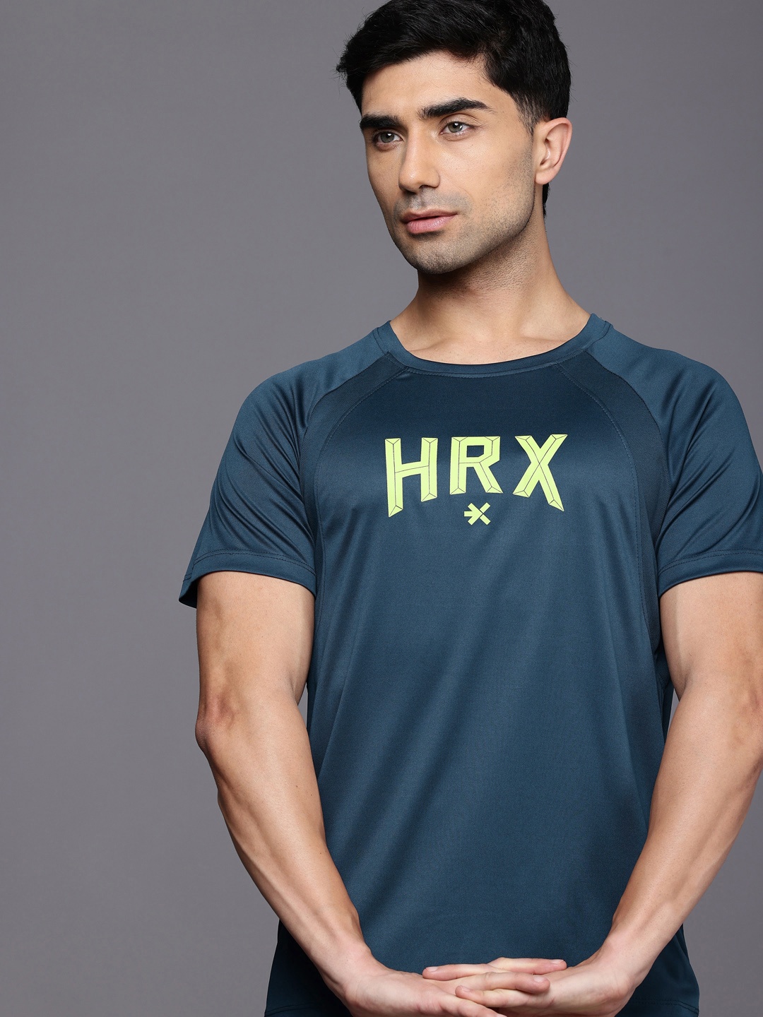 

HRX by Hrithik Roshan Brand Logo Printed Raglan Sleeves Rapid Dry Training T-shirt, Teal