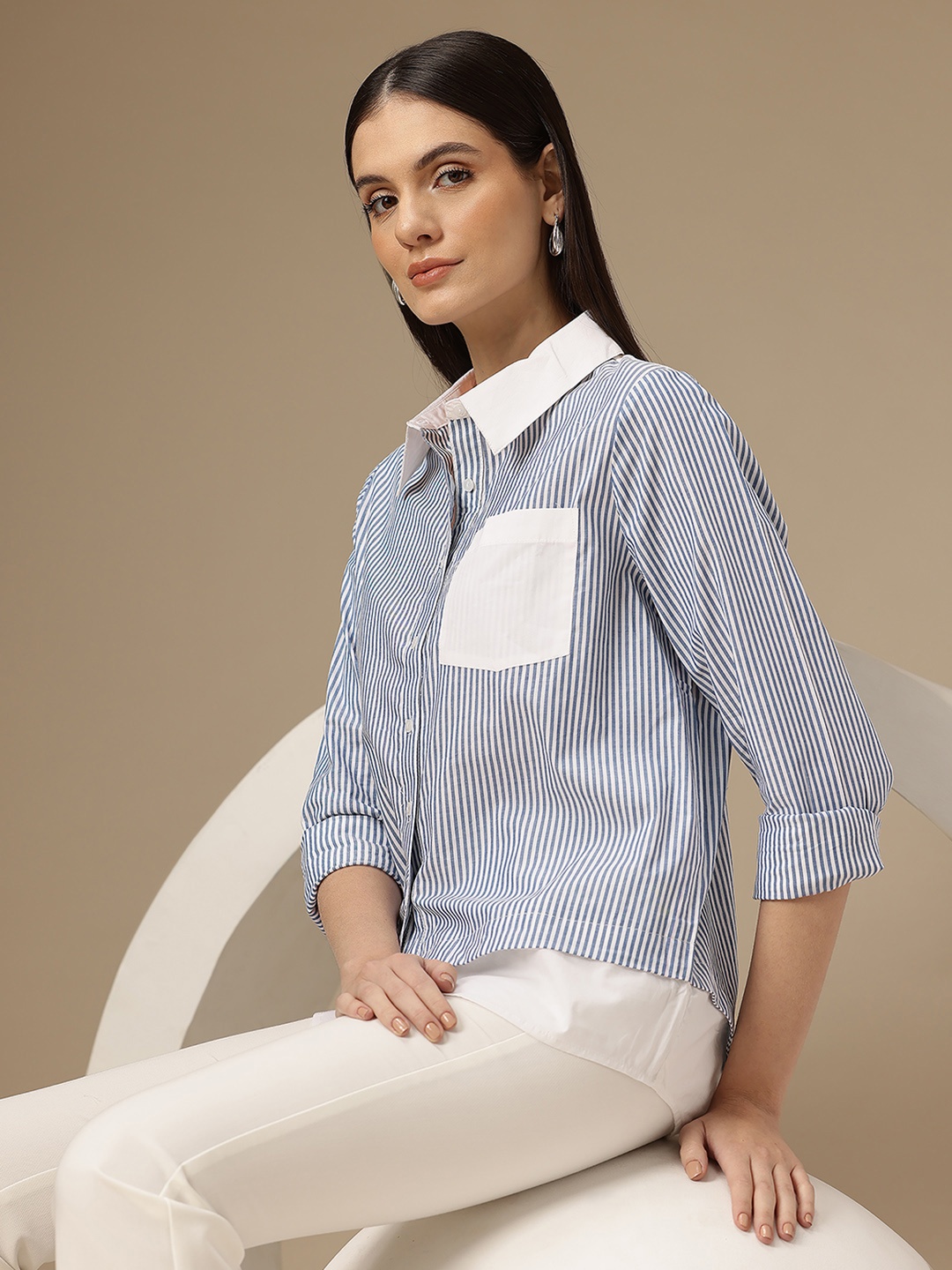 

Chemistry Cotton Contrast Collar Striped Formal Shirt, Blue