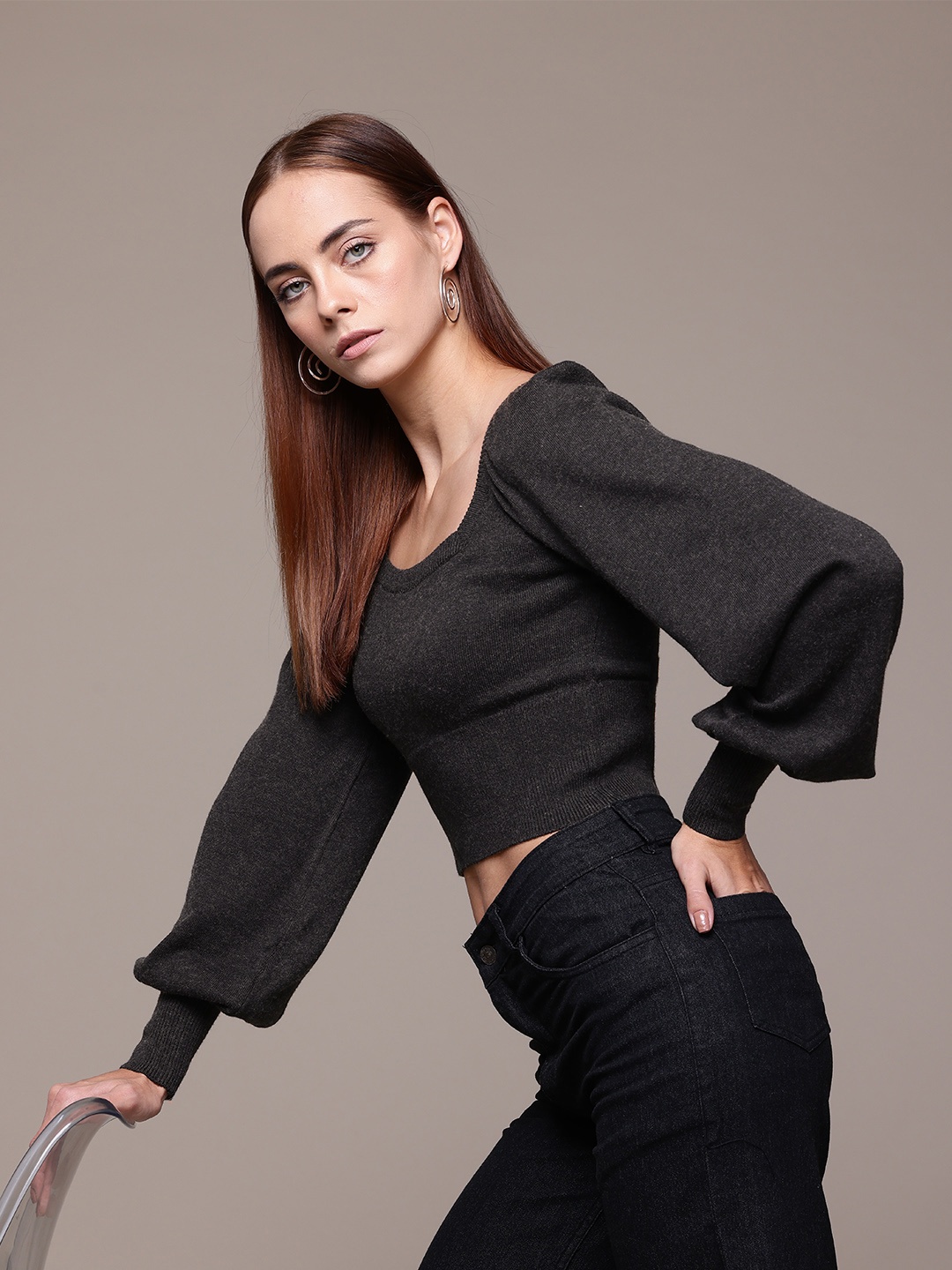 

bebe Knitted Puff Sleeves Sweaters, Charcoal