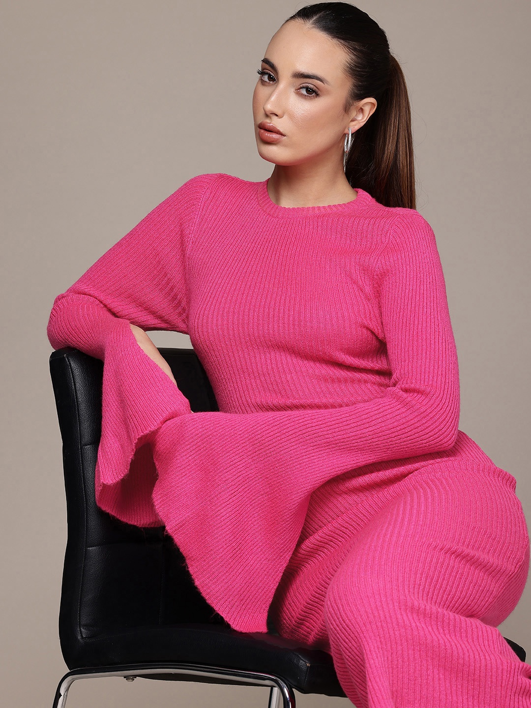 

bebe Ribbed Knitted Long Slit Sleeves Midi Jumper Dress, Pink