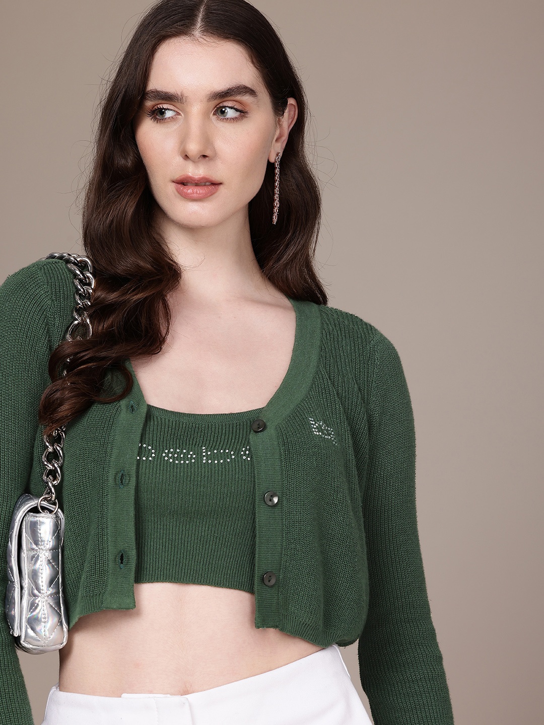 

bebe Cropped Cardigan with Embellished Detail Crop Tank Top, Olive