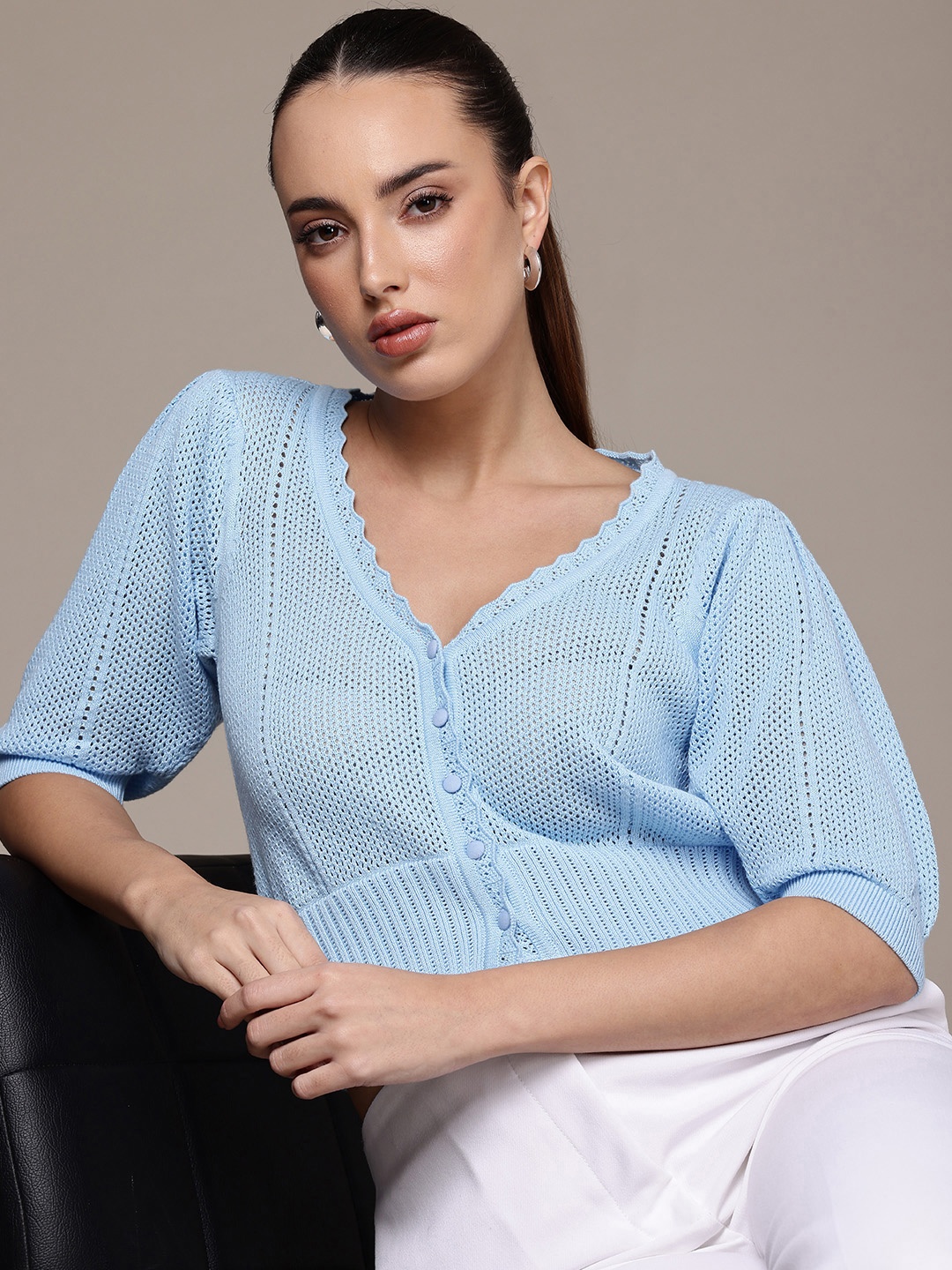 

bebe Cropped Open Knit Pure Cotton Cardigan Sweater, Blue