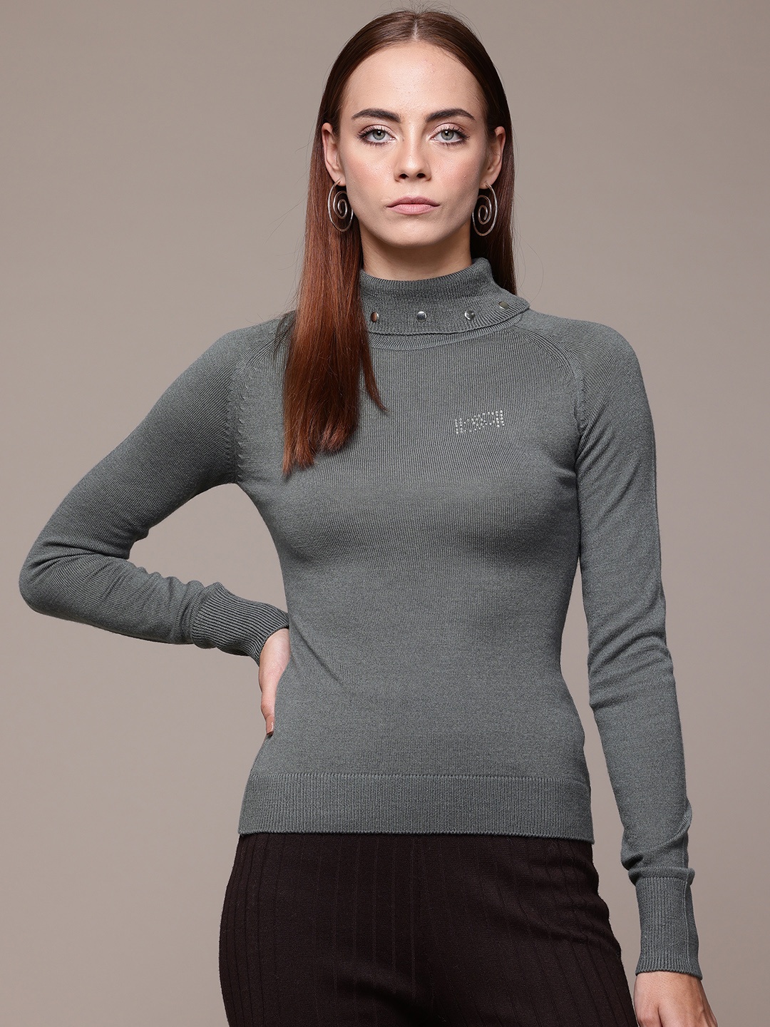 

bebe Exclusive Collection Rivet Detail Sweater, Grey