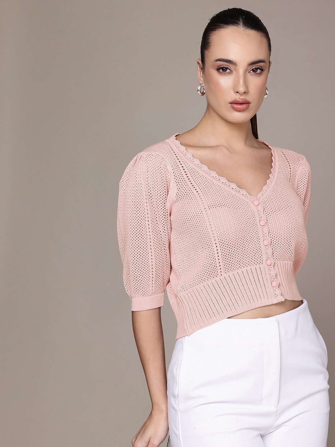 

bebe Cropped Open Knit Pure Cotton Cardigan Sweater, Mauve