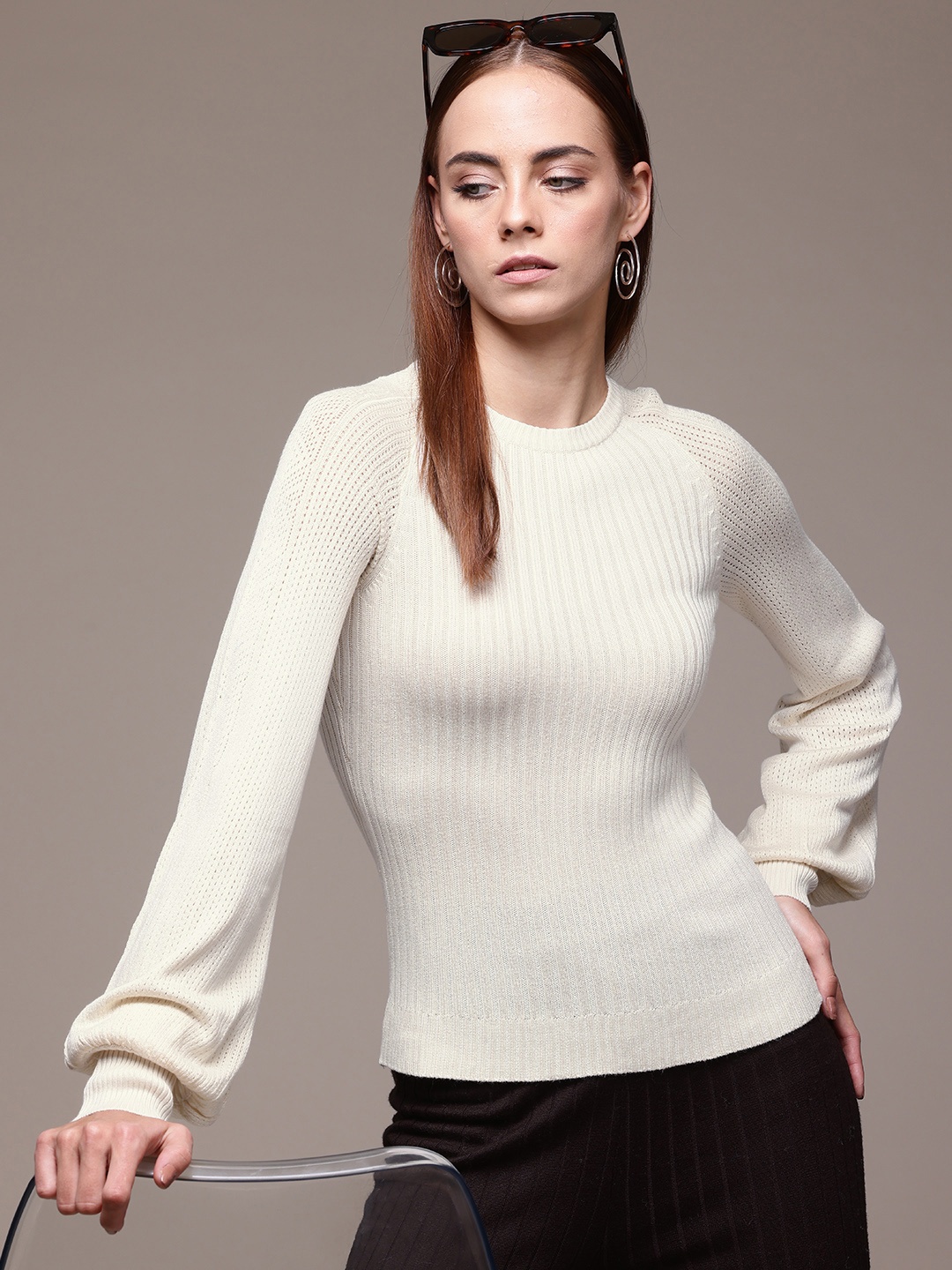 

bebe Ribbed Puff Sleeve Sweaters, Off white