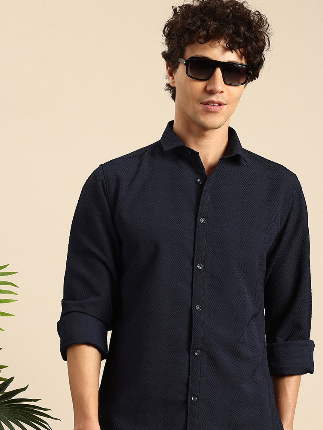 

Mast & Harbour Self Design Textured Embroidered Shirt, Navy blue