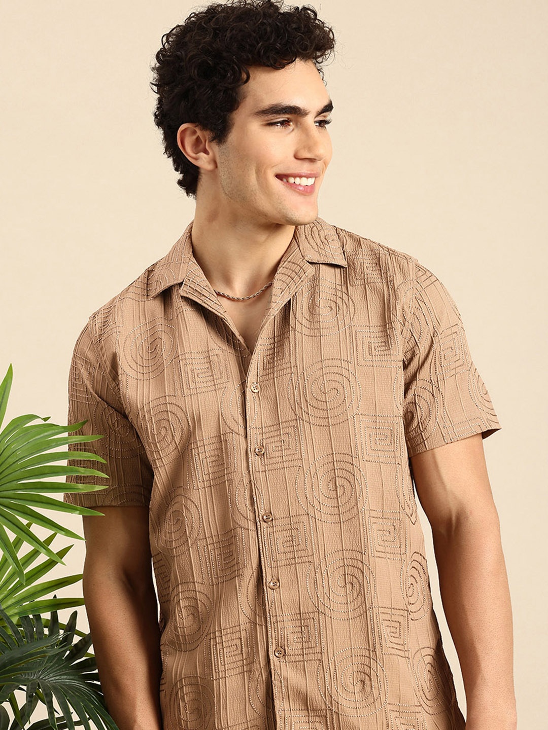 

Mast & Harbour Embroidered Seersucker Casual Shirt, Taupe