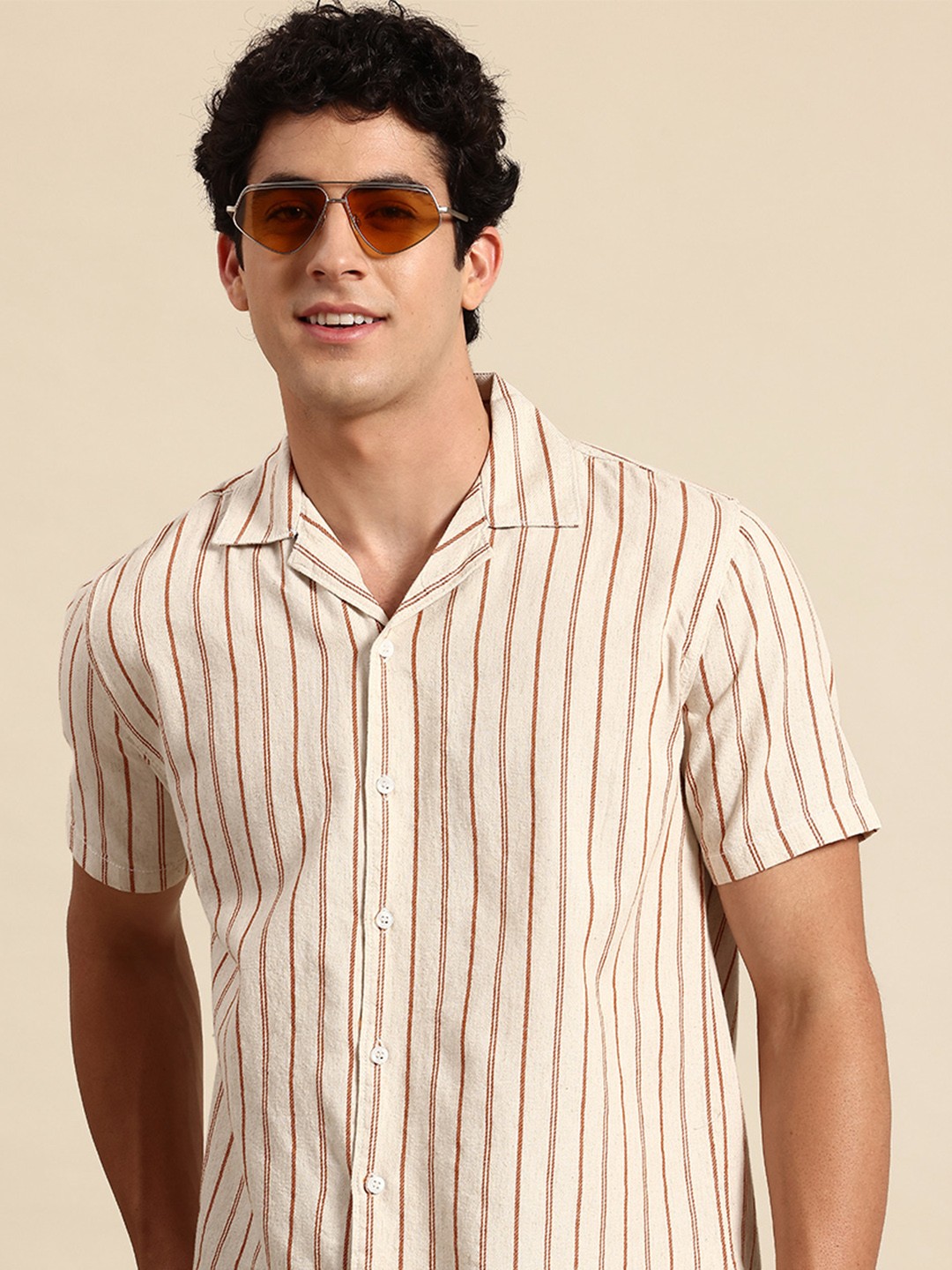 

Mast & Harbour Striped Pure Cotton Shirt, Beige