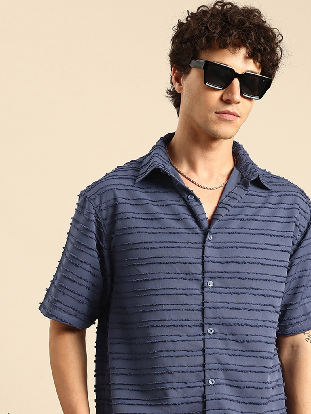 

Mast & Harbour Self Striped Regular Fit Casual Shirt, Blue