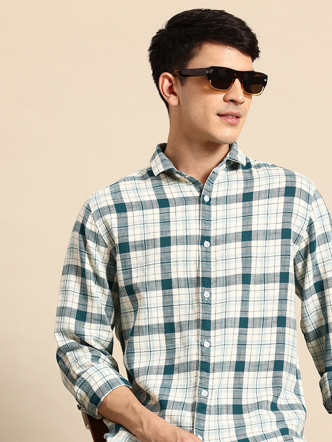 

Mast & Harbour Tartan Checks Pure Cotton Casual Shirt, Green