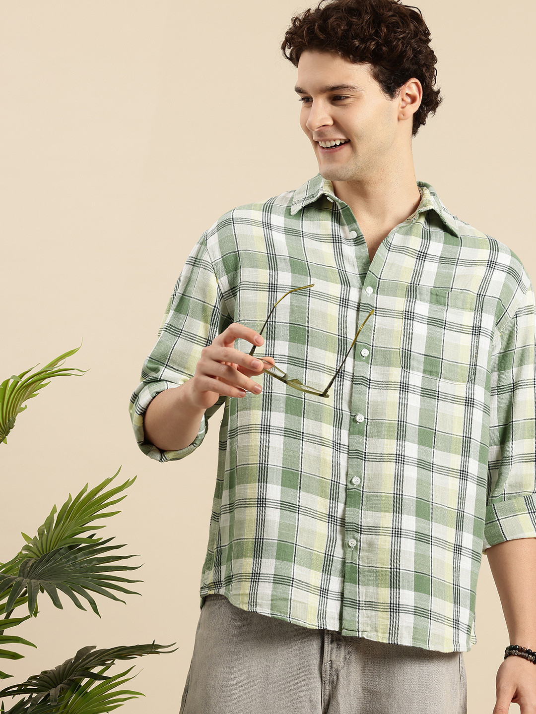 

Mast & Harbour Pure Cotton Checked Drop-Shoulder Sleeves Relaxed Fit Casual Shirt, Green