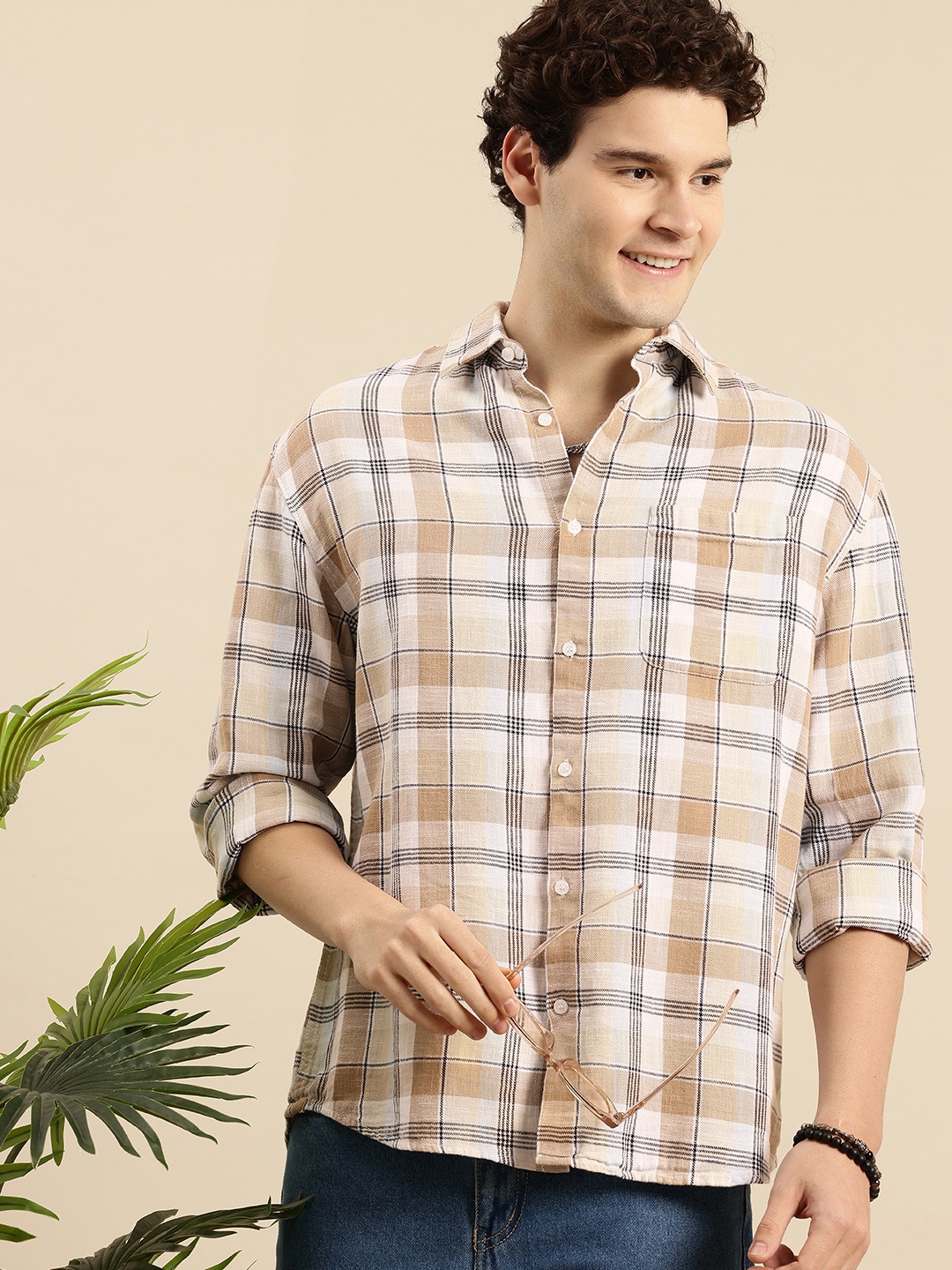 

Mast & Harbour Pure Cotton Checked Drop-Shoulder Sleeves Relaxed Fit Casual Shirt, Camel brown