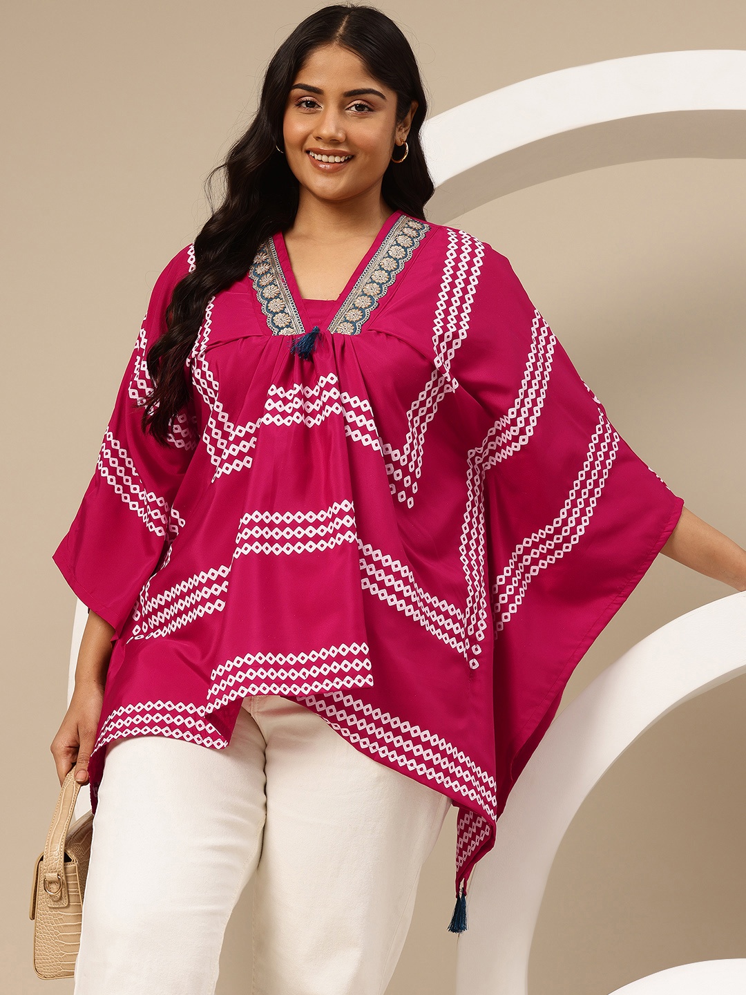 

Sztori Plus Size Printed Kaftan Short Kurti, Pink