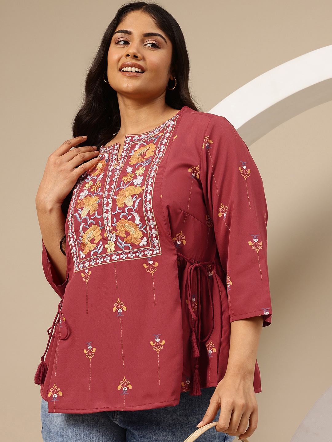 

Sztori Plus Size Embroidered Tie-Up Detail Short Kurti, Rust
