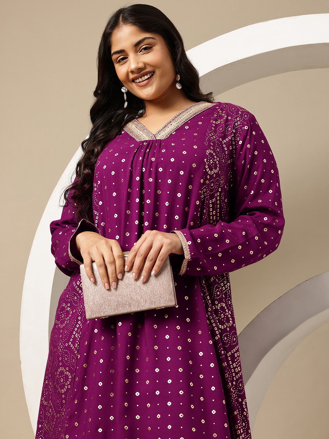 

Sztori Plus Size Bandhani Foil Print A-Line Kurta, Purple