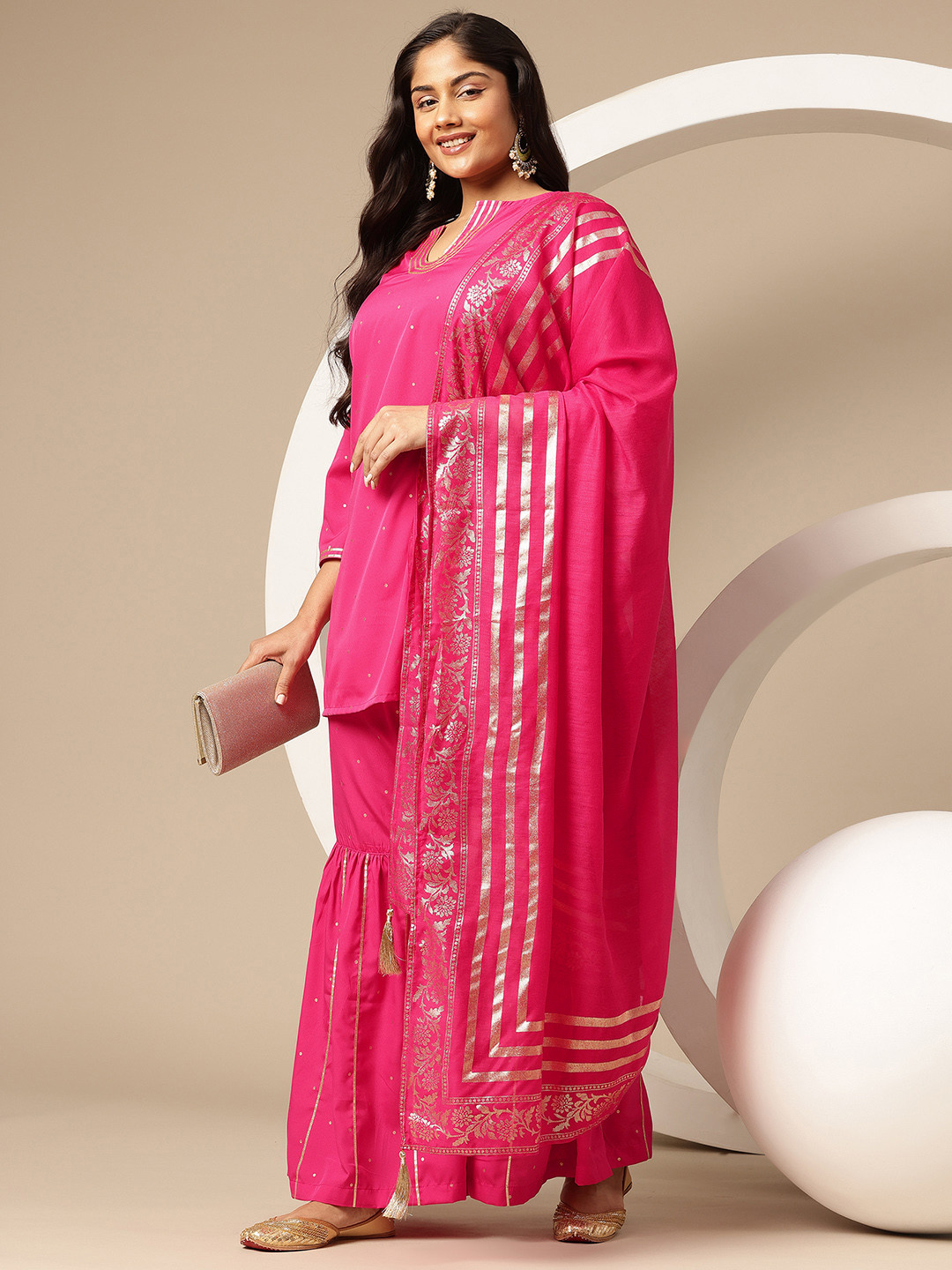 

Sztori Plus Size Printed Gotta Patti Kurti with Sharara & Dupatta, Pink