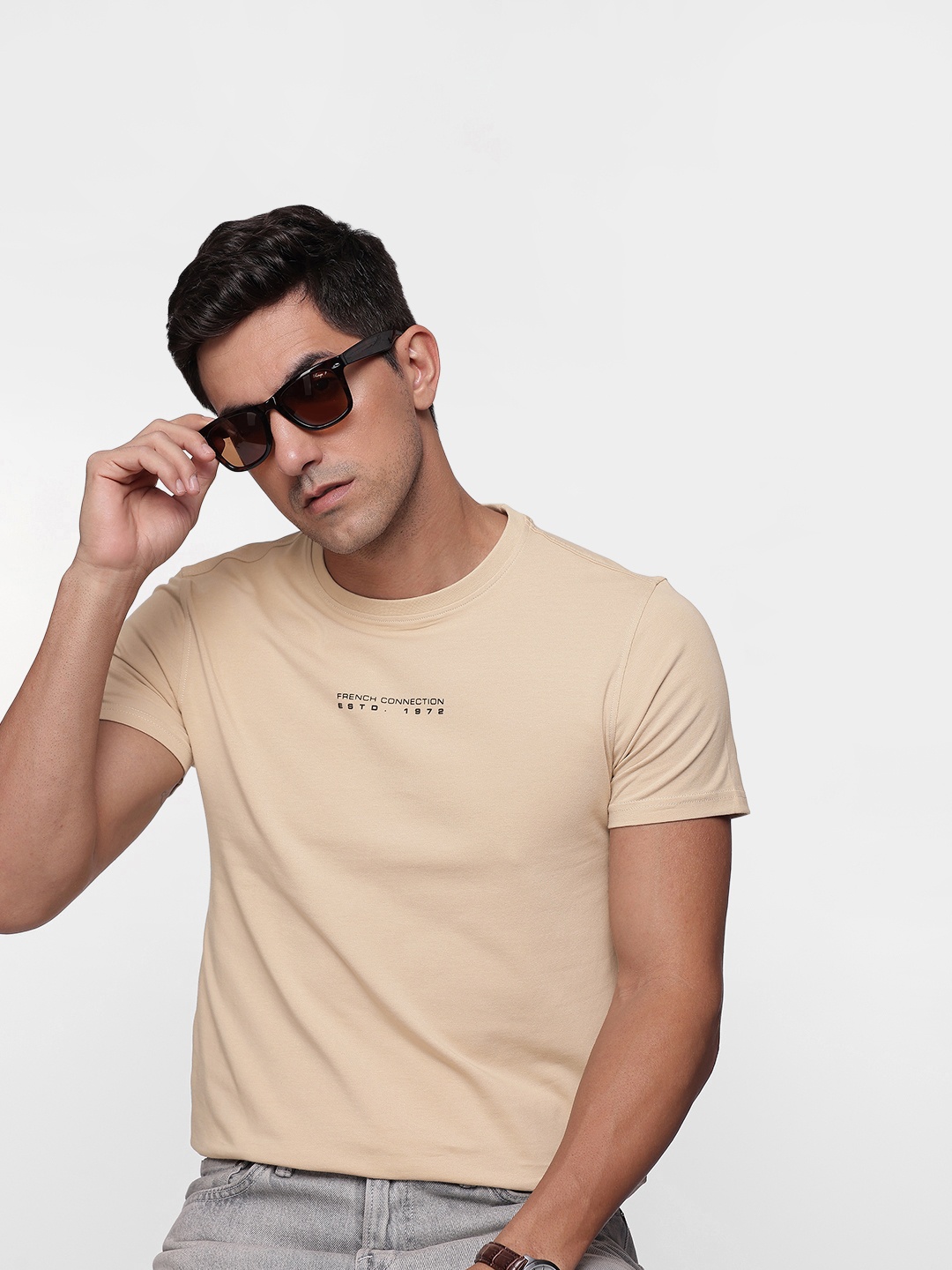 

French Connection Round Neck Pure Cotton T-shirt, Beige