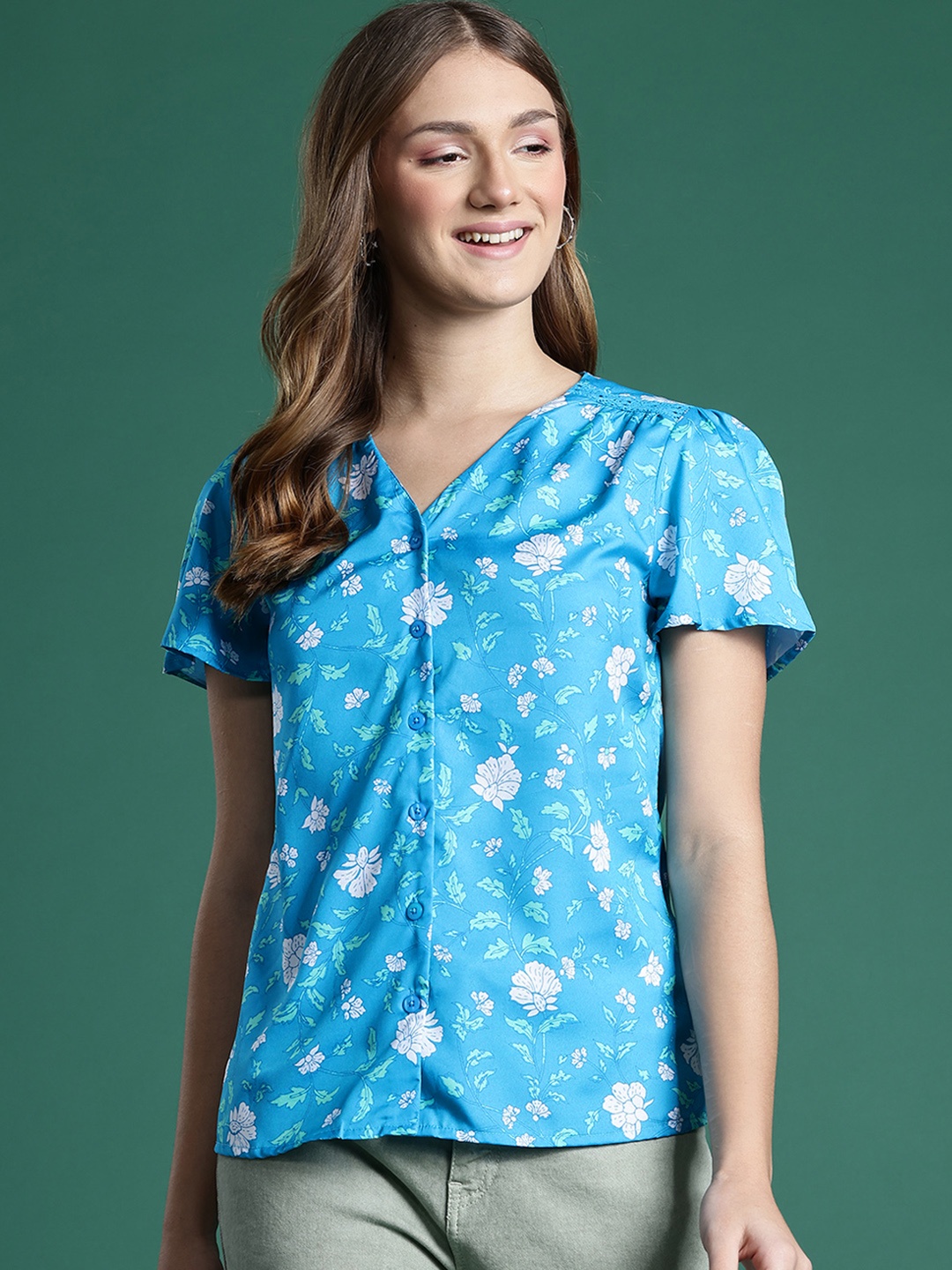 

DressBerry Bizwear Floral Printed Lace Detail Top, Blue