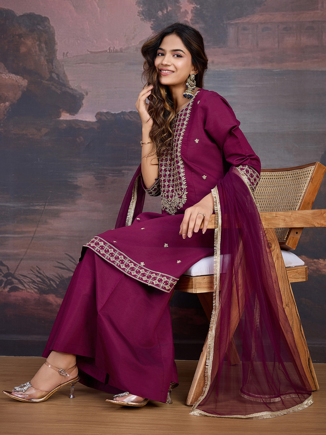 

House of Pataudi Ethnic Motifs Embroidered Thread Work Kurta & Sharara With Dupatta, Purple
