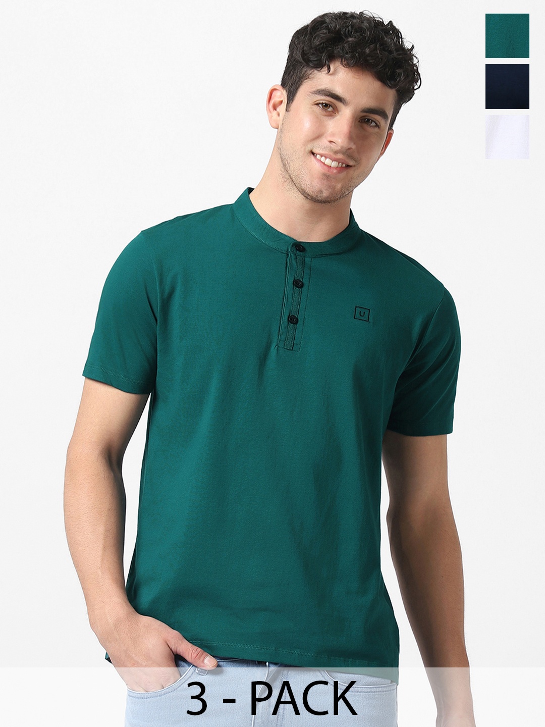 

Urbano Fashion Men Pack Of 3 Solid Mandarin Collar Cotton Slim Fit T-Shirts, Teal