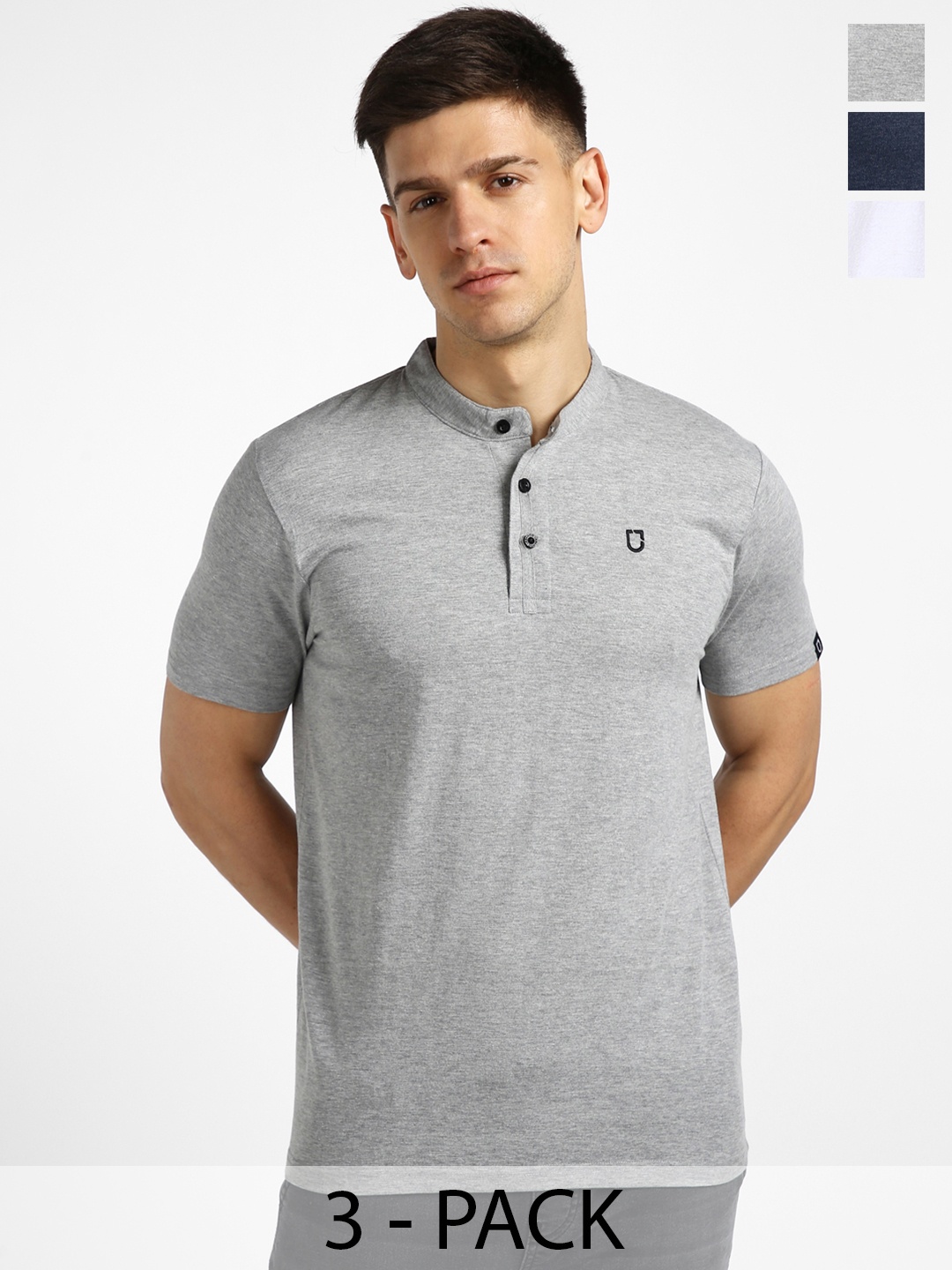 

Urbano Fashion Men Pack Of 3 Solid Mandarin Collar Cotton Slim Fit T-Shirts, Grey